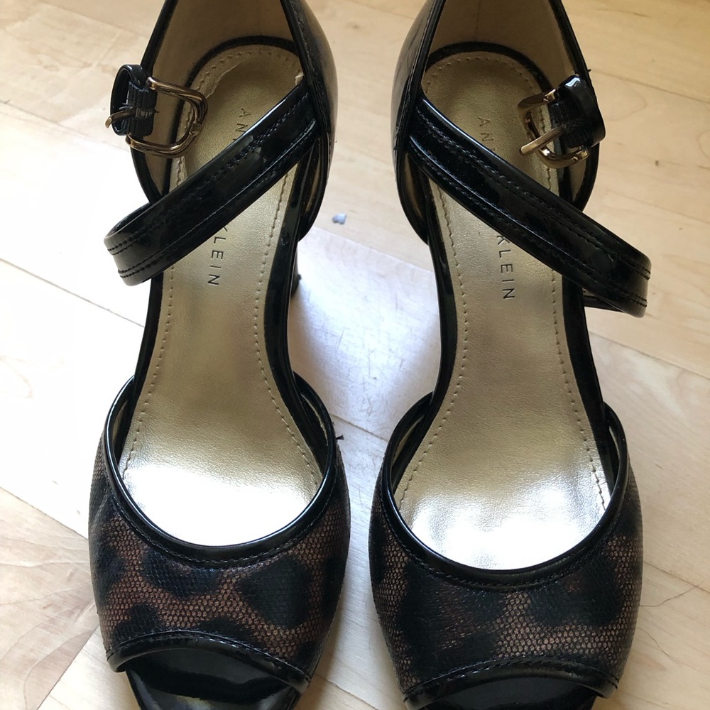 Anne Klein Black and Brown Peep-Toe Ankle-Strap Heels with Buckle